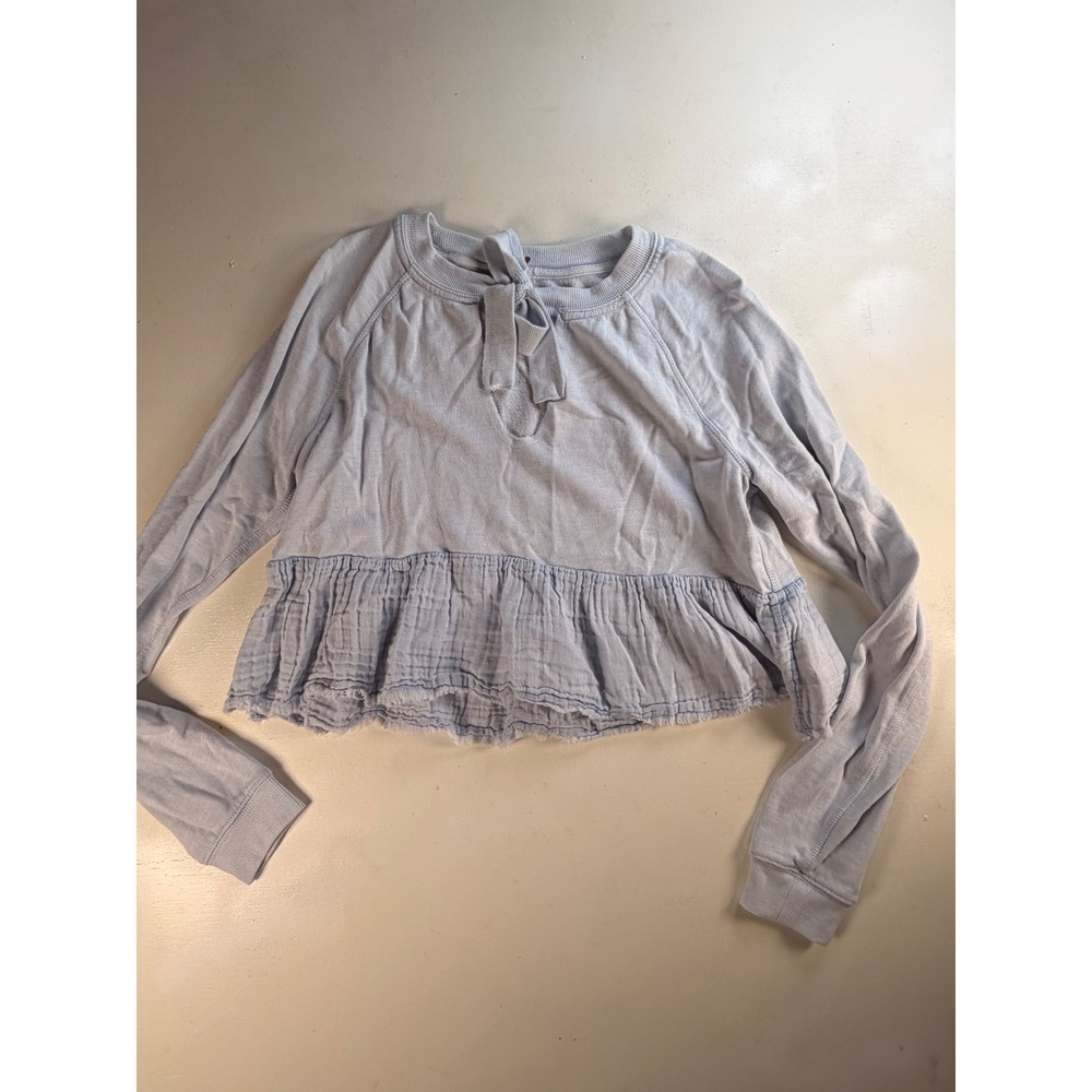 Free People Cropped Sweatshirt Women Small Blue Boho Y2K Ruffle Tie Neck Top
